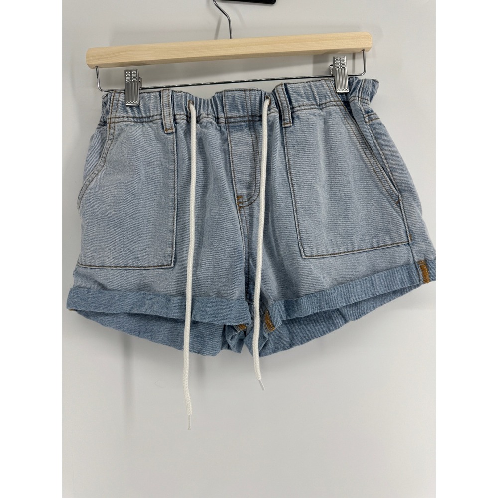 Cider Womens Light Blue Denim Paperbag Shorts Elastic Waist Drawstring Small‎